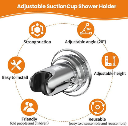 Strong Suction Cup Shower Head Holder - No Drill Handheld Shower Bracket for Seniors, Kids & Pets, Tool-Free Adjustable Height Bathing Aid for Tile/Glass, Rustproof ABS Construction
