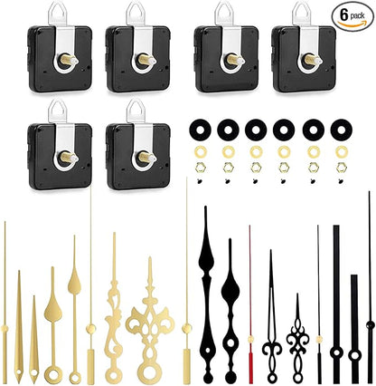 YOGINGO 6Pcs Quartz Clock Mechanism Kit, Wall Clock Mechanisms Mattery Powered Replacement, Clock Movement Parts Motor Replacement DIY Repair Parts with 6 Set Hands (No Battery)