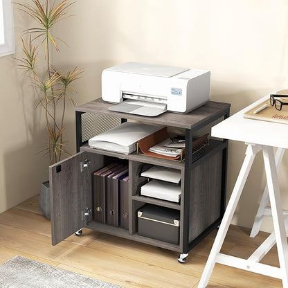 Giantex File Cabinet, Lateral Filing Cabinet with Lock, Wheels, Charging Station, Cable Hole, Lockable Side Cabinet, Adjustable Shelves, Metal Frame, Printer Stand for Home Office Small Space (Grey)