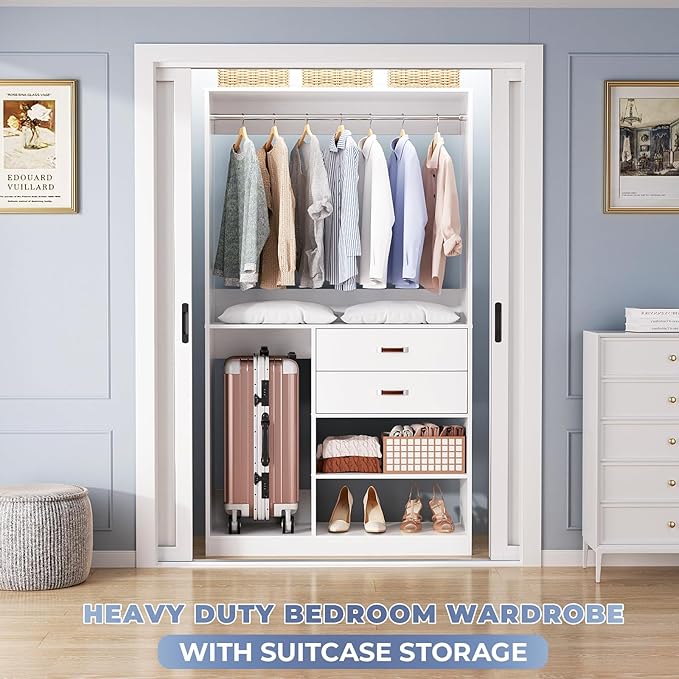 Armocity Freestanding Closet System with Suitcase Storage, 40 Inches Stand-Alone Wardrobe with 2 Wood Drawers, 80'' Height Adjustable Cloth Garment Rack, Walk-in Closet with Hanging Rod, White