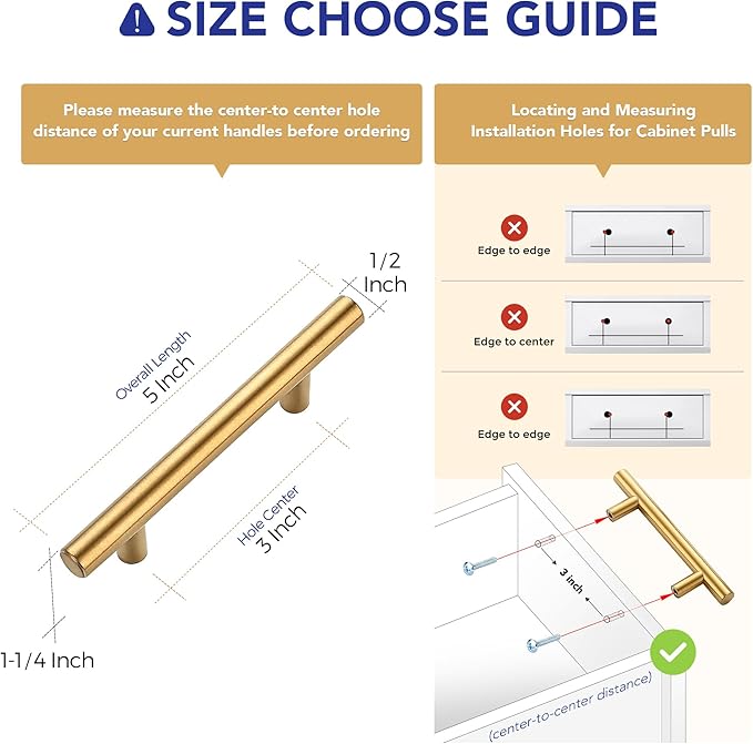 Ravinte 6 Pack 5 Inch Cabinet Pulls Brushed Brass Stainless Steel Kitchen Drawer Pulls Cabinet Handles 5”Length, 3” Hole Center