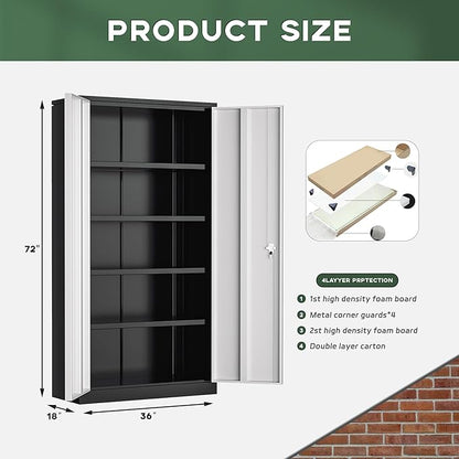Greenvelly Metal Garage Storage Cabinet with Doors and Adjustable Shelves,72" Steel Lockable File Cabinet for Home Office,Garage,School(Black Grey,36" W x 18" D)