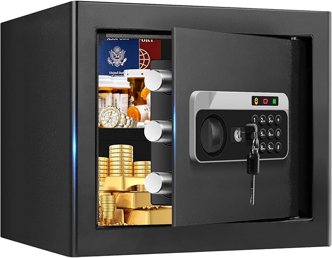 1.3 Cuft Small Safes for Home Use Fire and Water Proof, Anti-theft Fireproof Lock Box with Electronic Keypad, Alarm System and Removable Shelf, Fire Proof Safe for Home Documents, Valuables