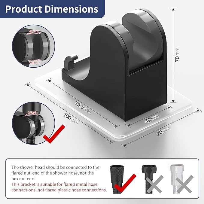 HANLIAN Strong Adhesive Handheld Shower Head Holder Without Drilling, 50° Adjustable Shower Wand Holder Wall Mount with Hooks, Waterproof Hand Held Showerhead Bracket with Hanger(Black, 1 Piece)