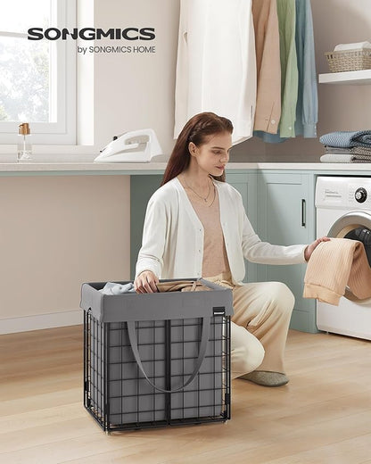 SONGMICS Laundry Hamper, 11 Gal. (50L) Laundry Basket, Collapsible Clothes Hamper, Removable and Washable Liner, Metal Wire Frame, for Bedroom Bathroom, Black and Gray ULCB150G01