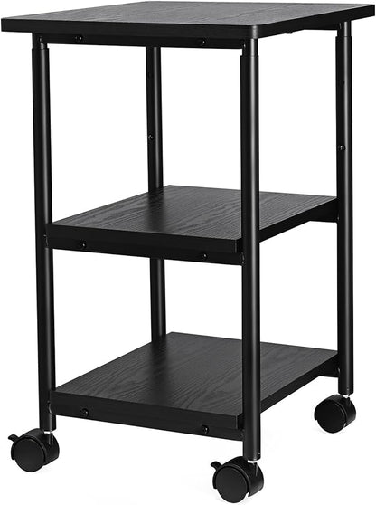 VASAGLE Heavy-Duty Printer Stand with Locking Wheels, 3-Tier Industrial Mobile Cart with Storage Shelf, Printer Table for Home, Office, 26.2-30.1" Adjustable Height, Ebony Black UOPS03B
