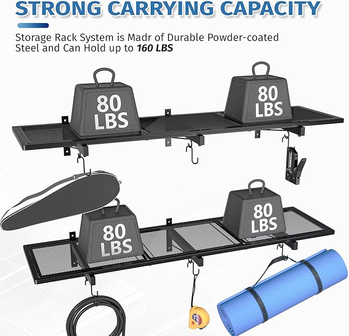 2 Pack Garage Wall Shelving,46"X 12.5" Garage Shelving Wall Mounted,Heavy Duty Garage Storage Rack with 8 Hooks,320 LBS Capacity,Black Metal Floating Organizer Shelves for Laundry,Warehouse (2)