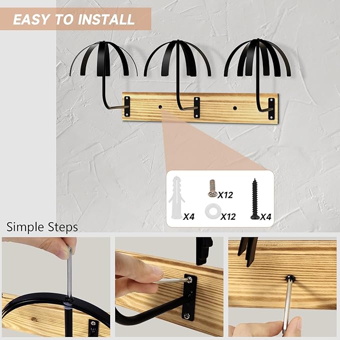 Hanging Wig Stand for Multiple Wigs, 6 PCS Wall Mounted Wig Hanger Holder, Durable Wig Storage Organizer Rack for Display, Storage, Styling, Drying (Carbon Steel and Wood)