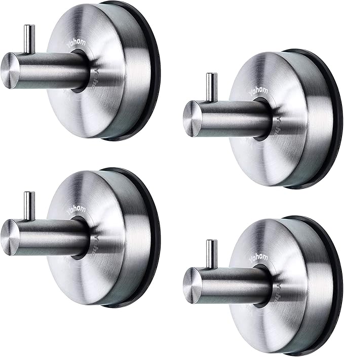 YOHOM Vacuum Suction Cup Hooks Shower Towel Holder Bathroom Shower Hook Brushed Stainless Steel Suction Towel Rack Kitchen Storage Organizer for Bathrobe Loofah Washcloth 4Pcs