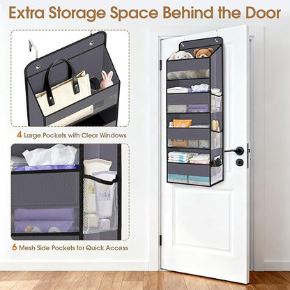 WISELIFE Over The Door Organizer Storage with 4 Large Pockets Door Hanging Organizer with Clear Windows behind The Door Storage for Nursery Bedroom Bathroom Pantry Closet and Baby Essentials Dark Grey