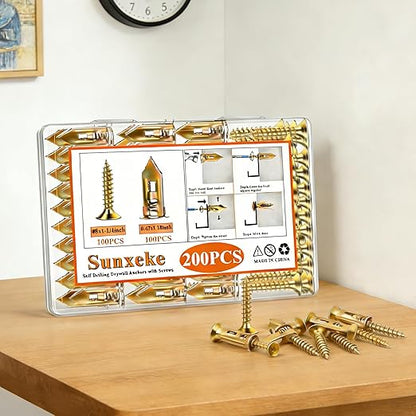 200 Pcs Self Drilling Drywall Anchors with Screws,100 Sheetrock Anchors (0.47x1.18 Inch) & 100 Zinc Expansion Screws,2026 Upgraded Zinc Plated Steel,No Drill Needed,Perfect for Wall Hanging