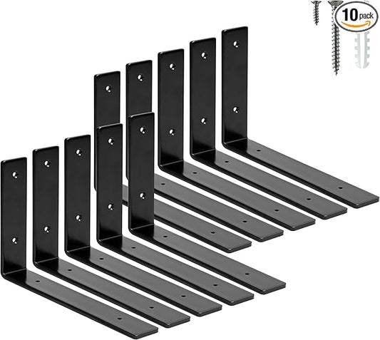 ELSKER&HOME Shelf Brackets 10 Inch, 10 Pack Floating Shelf L Brackets for Shelves Support, Black Metal Heavy Duty Shelf Brackets for DIY Decorative