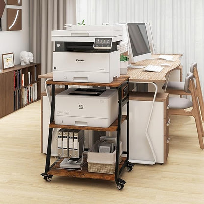 Natwind 23.6"x19.7" Large Printer Stand,3 Tier Printer Table with Charging Station, Rolling Cart with Adjustable Storage Shelf for Home Office Organization, Stand for Heat Press,3D Printer (Retro)