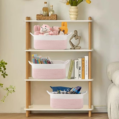 OIAHOMY Woven Basket, Gift Basket Empty with Gift Bags and Ribbons, Rope Baskets for Baby Showers, Storage Baskets with Handles for Nursery, Pet Toy Organizer - Pink & White