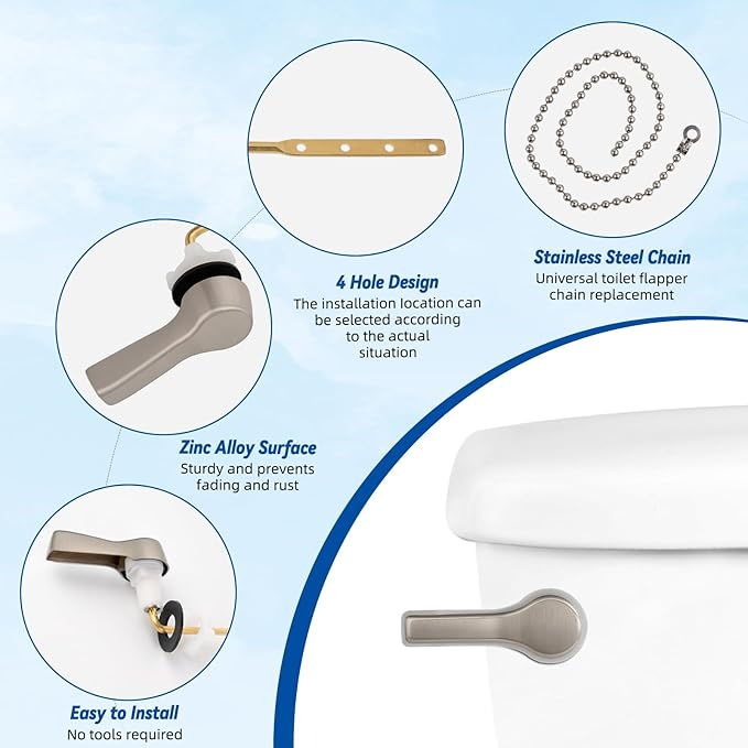 Hibbent Universal Front Mount Metal Toilet Handle Replacement Kit, Brass Toilet Tank Flush Lever with Stainless Steel Adjustable Flapper Chains for Most Toilets, Brushed Nickel