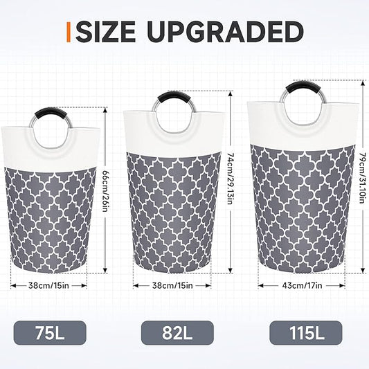 Large Laundry Basket Laundry Hamper Bag Washing Bin Clothes Bag Collapsible Tall with Handles Waterproof Travel Bathroom College Essentials Storage for College Dorm, Family (Grey) 115L