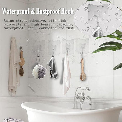 Adhesive Hooks for Hanging 6 Pack, 33 lbs Heavy Duty Wall Hooks 304 Stainless Steel Self Adhesive Towel Hook Waterproof Transparent Sticky Hooks for Kitchen Glass Door (6)