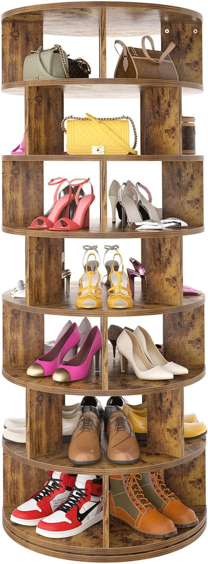 Aheaplus Rotating Shoe Rack Tower, 7-Tier Spinning Shoe Rack 360 Revolving Shoe Rack Organizer for Closet, Display Round Storage Carousel Shoes Closet Organization, Rustic Brown