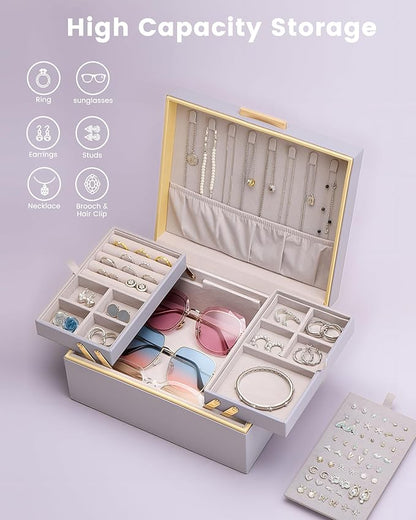 Lolalet Jewelry Box Organizer for Women Girls, 2 Layer Jewelry Organizers and Storage for Necklace Earrings Rings Bracelets, Large Jewellery Holder Case Birthday Valentine Gifts -HazePurple