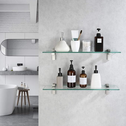 KES Glass Shelves for Bathroom, 24 Inches Bathroom Floating Shelf with Tempered Glass and Brushed Nickel Bracket Wall Mount 2 Pack, BGS3201S60-2-P2
