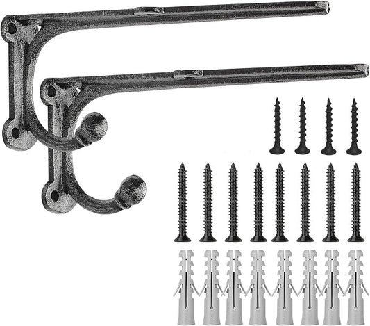 Metal Wall Shelf Brackets 8 Inch with Hooks Heavy Duty Brackets for Floating Shelves, Cast Iron Shelf Bracket Black 2 Pack