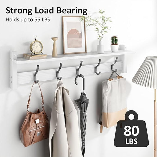Coat Rack Wall Mount with Shelf, 29 Inch Coat Hanger Walls Mounted, Hat Rack for Walls, Shelf with 5 Coat Hooks, Wall Hanger for Entryway (White)