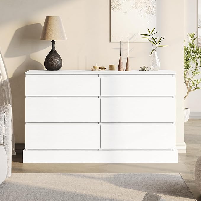 DICTAC 6 Drawers Dresser for Bedroom, White Modern Chest of Drawers, Storage Tower Clothes Organizer Closet, Long Double Dresser with No Handle Drawers, Dimensions 51.6''L x 15.7''D x 29.3''H