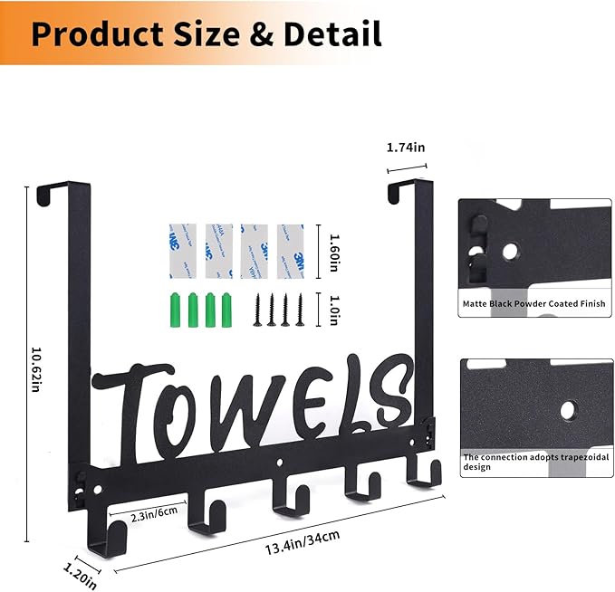 Over The Door Hook, Towel Hook for Bathroom, Towel Hanger Door Rack with 5 Coat Hooks, Over The Door Hanger Towel Rack for Bathroom, Bedroom Towels Coats(Gold)
