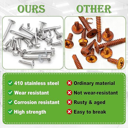 mxuteuk 840PCS #8#10#12#14 Self Tapping Screws for Metal,410 Stainless Steel Self Drilling Screws,Hex Head 1/2" to 1-1/2'' Self Tapping Screw for Plastic(420pcs Silver Screw+420pcs Washer)