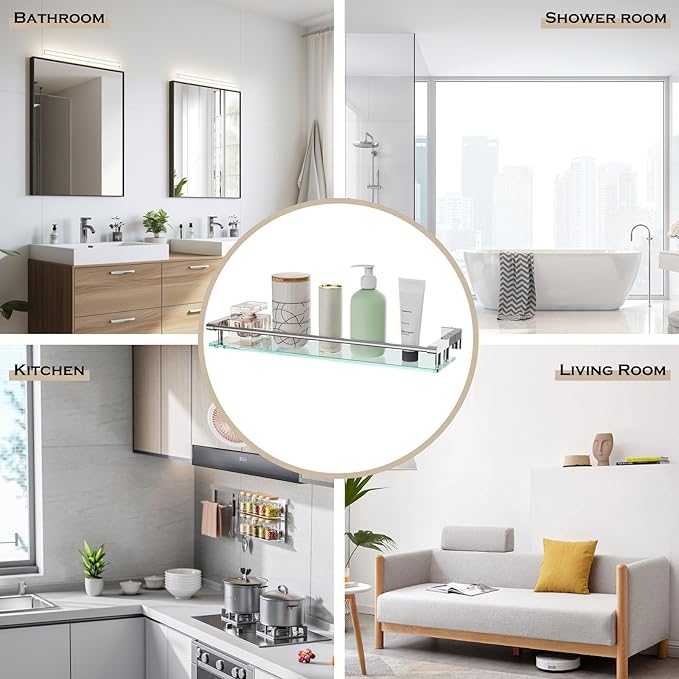 Glass Shelf for Bathroom Wall Sheves 24 inches Rectangular Stainless Steel Tempered Glass Modern Wall Mount Accessories Organizers Storage (Chrome Polished, 24‘’)