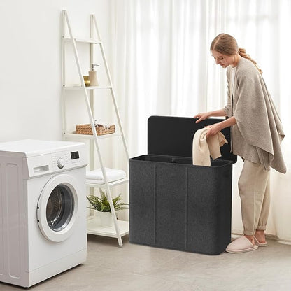 Lifewit Triple Laundry Hamper with Lid and Removable Laundry Bags, Large Collapsible 3 Dividers Dirty Clothes Basket with Handles for Bedroom, Laundry Room, Closet, Bathroom, College, 180L Dark Gray