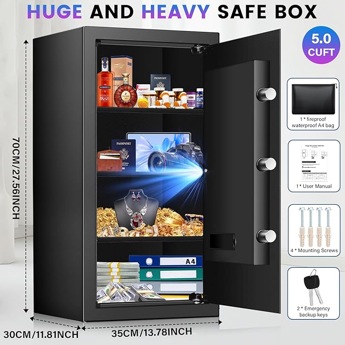 [27.57''] Tall Safe Box, Home Safe with Fireproof Waterproof Bag, 6.0 Cuft Anti-Theft Digital Security Lock Box with Smart Alert System, Removable Shelf, Mute Function, Document Safes for Jewelry