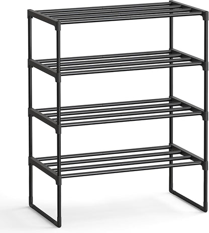 SONGMICS Shoe Rack, 4-Tier Shoe Organizer, Metal Storage Shelf, Upright or Upside Down, for 10-15 Pairs, Stackable, for Entryway, 11.8 x 26.8 x 28.4 Inches, Black ULSA204B01