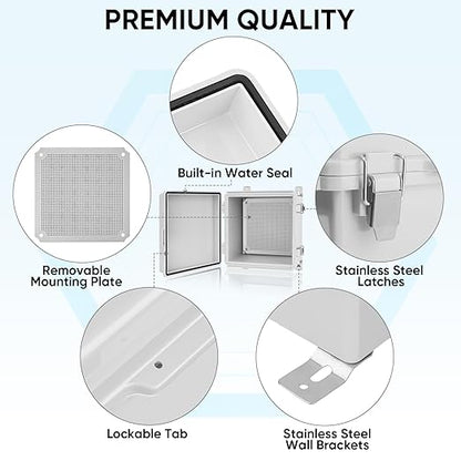 TICONN Outdoor Electrical Box Waterproof, Junction Box IP67 ABS Plastic Enclosure with Hinged Cover with Mounting Plate, Wall Brackets, Cable Glands (Off-White, 11.8"x11.8"x7.1")