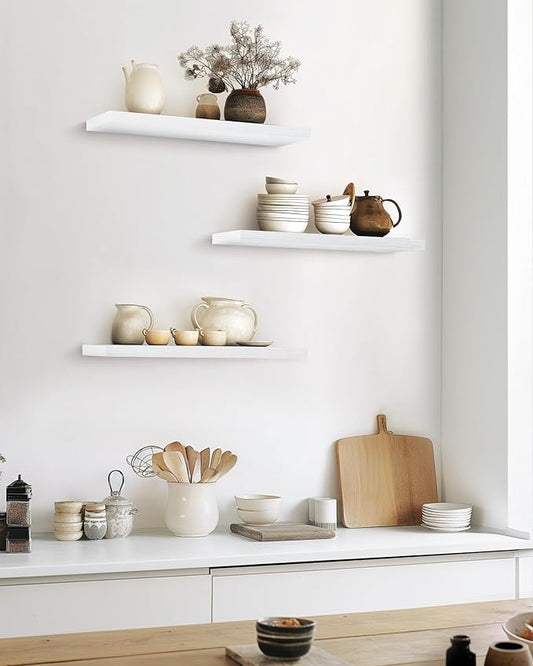 BAYKA White Floating Shelves for Wall, 22.5 inches Wall Mounted Rustic Wood Shelves for Bathroom, Bedroom, Living Room, Hanging Shelf for Books/Storage/Decor/Display (Set of 3)