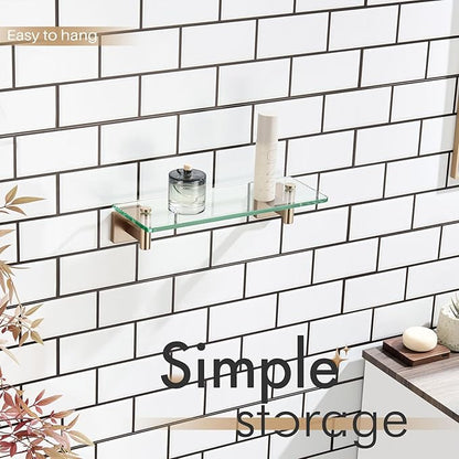 KOKOSIRI Wall Shelves Bathroom Hardware Glass Floating Shelf 12-Inch for Bedroom, Living Room, Kitchen, Hanging Rack Champagne Bronze B1105CPG-L12
