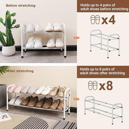 Gonfoam 2-Tier Expandable Shoe Rack,Adjustable Shoe Shelf Storage Organizer Heavy Duty Metal Free Standing Shoe Rack for Entryway Closet Doorway (White)