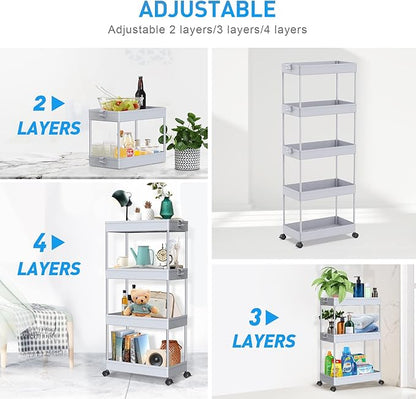 SPACEKEEPER 5-Tier Rolling Cart, Bathroom Storage Organizer Utility Cart, Mobile Shelving Unit Slide Out Shelves for Kitchen Living Room Laundry Room & Dressers,Gray