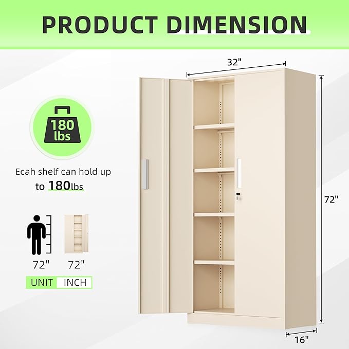 Bonusall 72" Metal Garage Storage Cabinet, 2 Locking Doors & 4 Adjustable Shelves Tall Storage, Heavy Duty Steel Tool Cabinet for Home, Office, Warehouse, School -Warm Gray