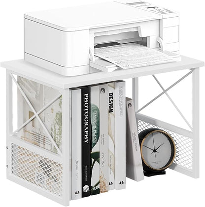 Printer Stand for Desk, Desktop Printer Stand Shelf Organzier for Home Office, for Above and Under Desk, Fax Machine Copier Scanner, White