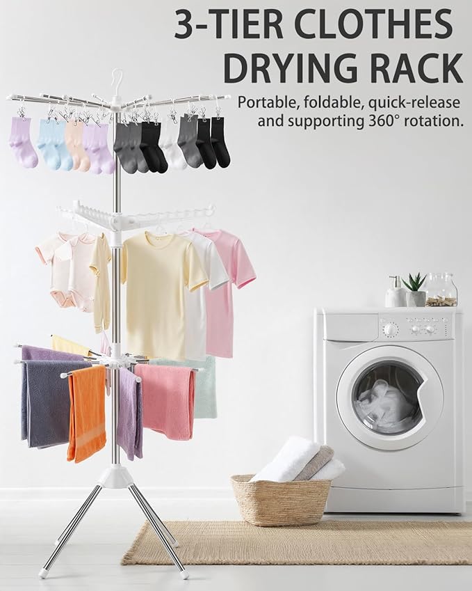 Foldable Clothes Drying Rack - 3 Tier Laundry Drying Rack, Portable Clothing rack with Rotating Clothes Rail with 30 Clips,10 towel sticks and 3 Rotatable Arms, Suitable for Flats and Small Rooms