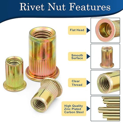 160Pcs M5 Rivet Nuts, Metric Zinc Plated Finish Carbon Steel Flat Head Threaded Insert Nutsert Kit