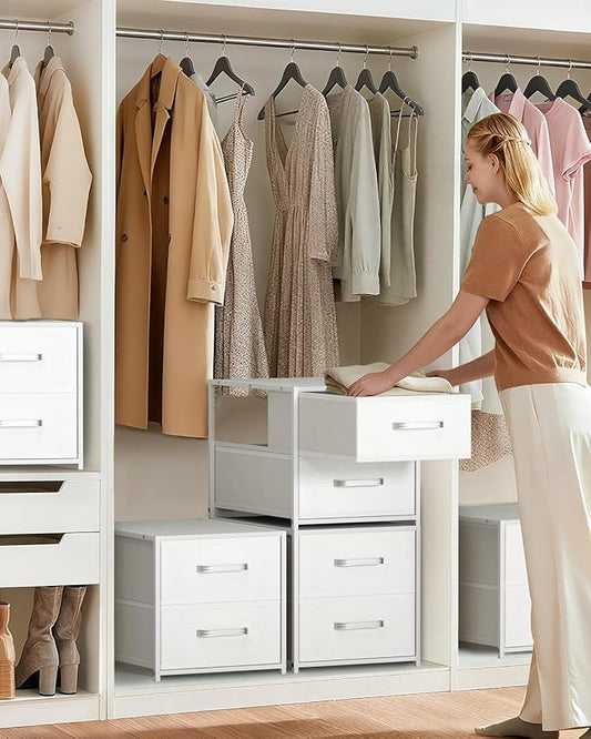 Stackable Storage Drawers - 2 Tier Closet Drawers, Closet Organizer with Metal Handles, Night Stand with Collapsible Bins, Fabric Dresser for Bedroom, Dorm, Office, White, 2 Pack