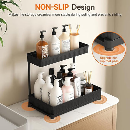 3 Pack Multi-Purpose Under Sink Organizers and Storage, 2026 L-Shaped Pull Out Cabinet Organizer for Bathroom & Kitchen, Under Cabinet Organizer with Hooks Hanging Cup (Black, 12.85 inch)