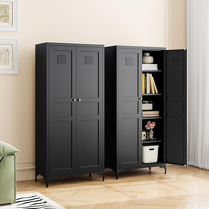 MIIIKO Storage Cabinet with Doors, Metal Pantry Cabinet, Tall Kitchen Storage Cupboard with 4 Shelves, Freestanding Cabinet for Laundry Room, Garage and Bathroom