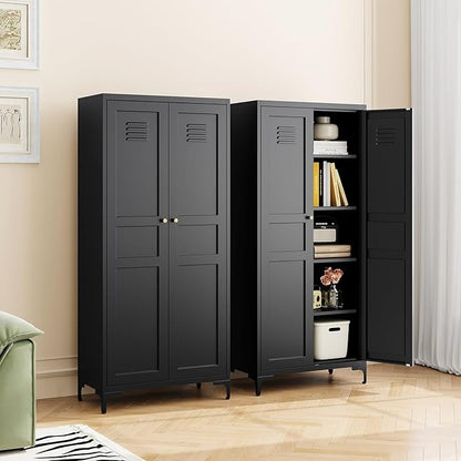 MIIIKO Storage Cabinet with Doors, Metal Pantry Cabinet, Tall Kitchen Storage Cupboard with 4 Shelves, Freestanding Cabinet for Laundry Room, Garage and Bathroom