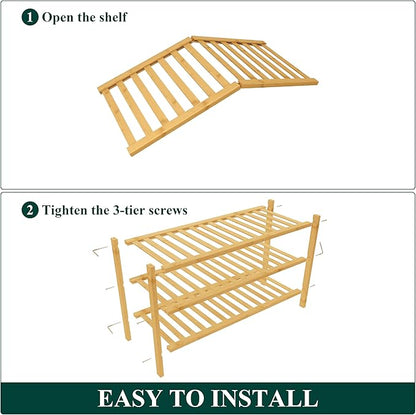 Smiry Bamboo Shoe Rack for Closet, 3 Tier Wooden Stackable Shoe Organizer, Free Standing Shoes Storage Shelf for Entryway, Front Door Entrance, Natural & White