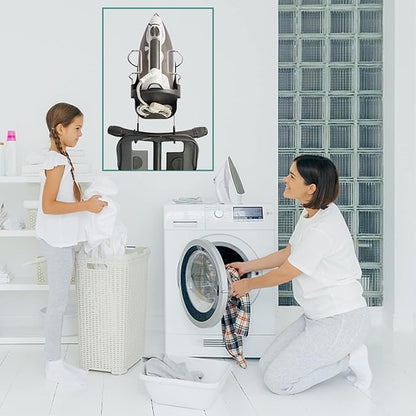 DOUBLE 2 C Ironing Board Hanger Wall Mount Electric Iron Holder Iron and Ironing Board Storage Organizer Shelf with Removable Hooks for Household Bathroom Laundry Room (Black)