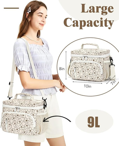 Insulated Lunch Bag for Men & Women, 9L Leakproof Lunch Box Soft Cooler Tote with 5 Pockets, 600D Oxford, EVA Lining, Adjustable Strap for Work, Picnic, Beach&Travel-Corduroy Small Flower