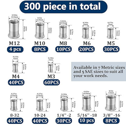 Metric & SAE Rivet Nut Assortment Kit(300 Pcs), M3 M4 M5 M6 M8 M10 M12#8-32#10-24 1/4"-20 5/16"-18 3/8"-16 304 Stainless Steel Rivnut Set UNC Flat Head Nutsert